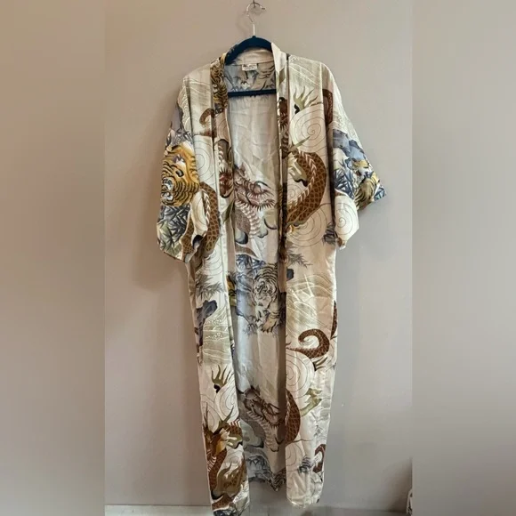 Vintage Japanese Tiger & Dragon 100% Cotton Kimono Wrap Robe, 58 Inches Length - Picture 1 of 15
